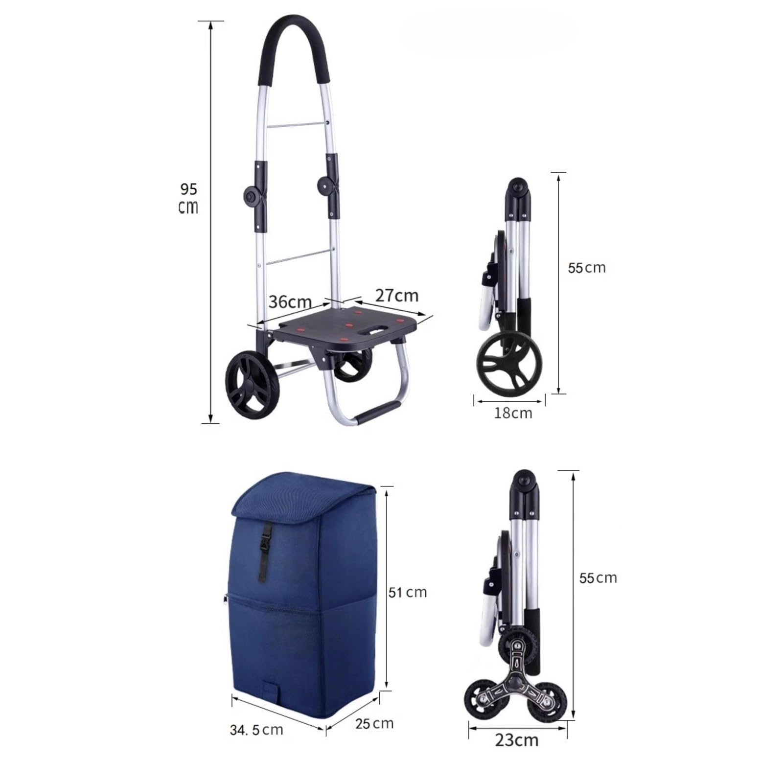 Schwerlast-Klappkarre Home-Shopping, faltbar mit Rädern, praktischer handgezogener Einkaufswagen for Treppensteigen Paletten- und Transport auf Rädern(Schwarz)