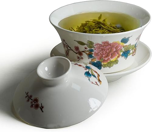 Miniatura 2 de Gaiwan - Juego de taza de té grande de porcelana blanca Sancai, patrón de belleza Blum (16 onzas de flor grande)