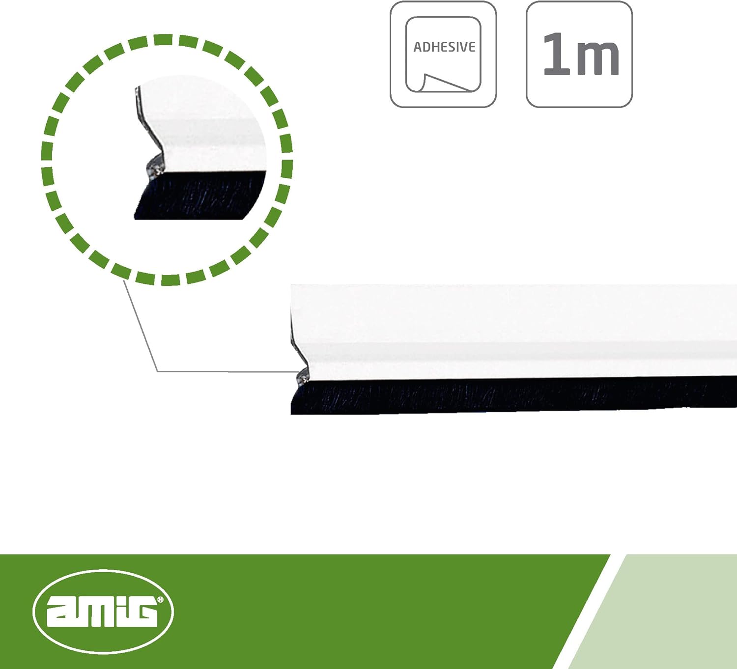 Amig - Adhesive Draught Excluder for Entrance or Passage Doors - 1 m - Aluminium and Plastic - White - Hair Brush with Intermediate Foil - Cold and Dust Insulation - Easy Assembly