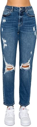 WAX JEAN Womens Mom Jean with Blown Out Knee