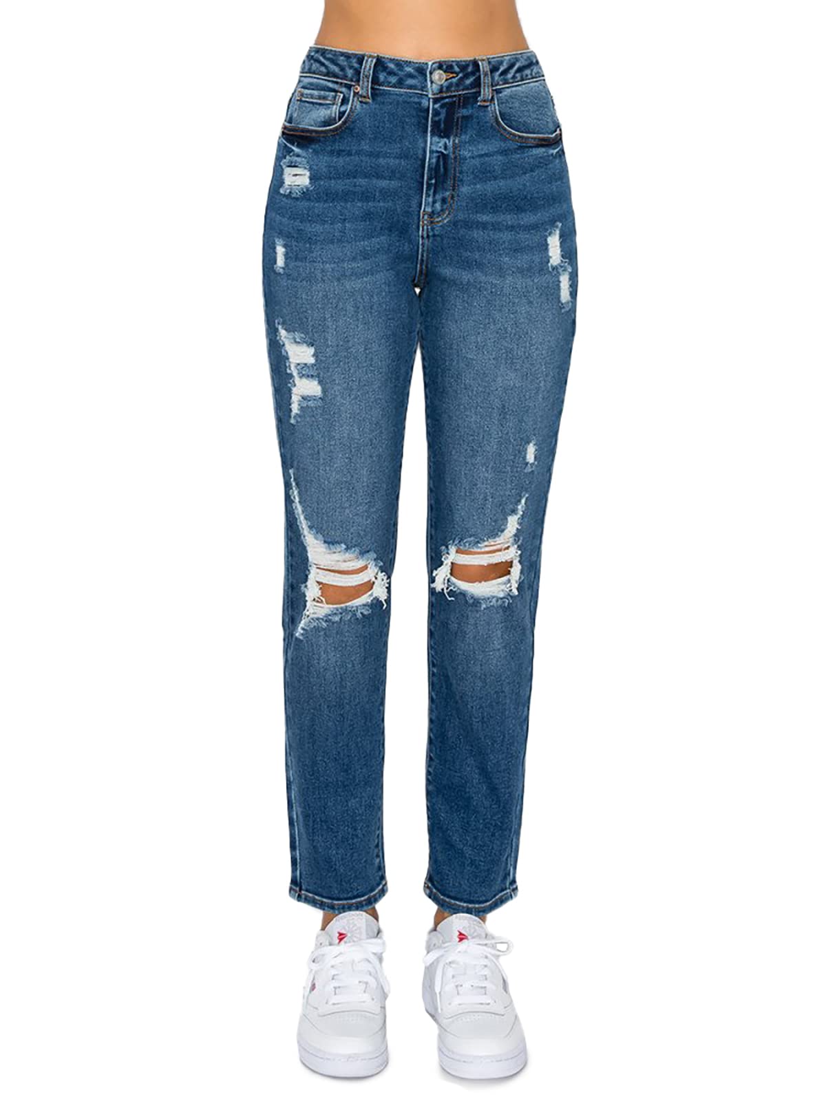 WAX JEAN Women's Mom Jean with Blown Out Knee