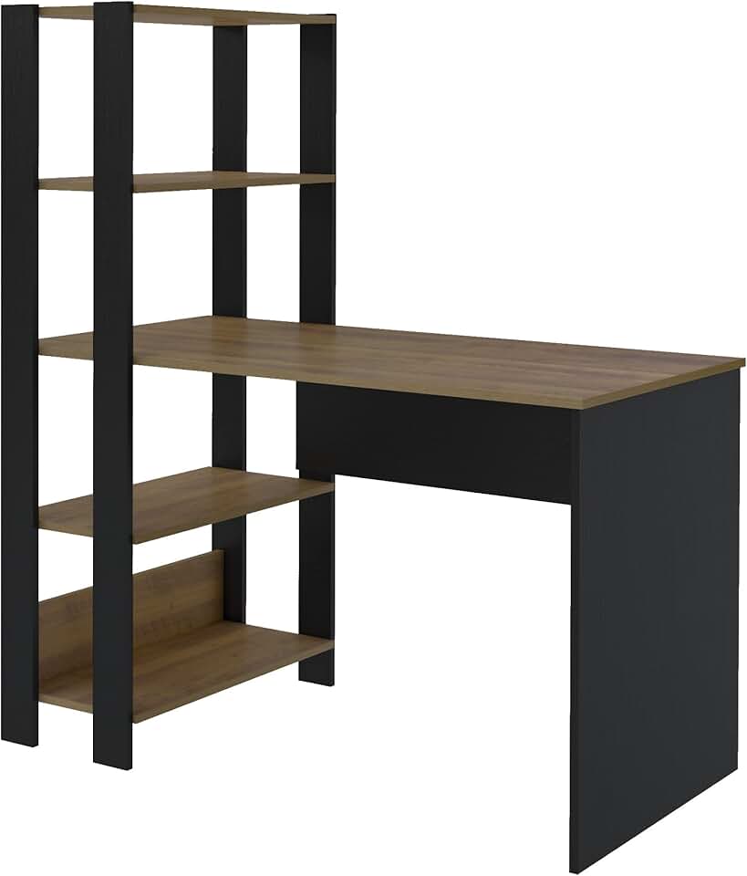 Escrivaninha com Estante Lateral MATCH cor Preto/Pinho - Artely