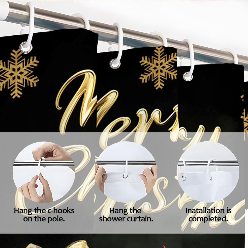 Merry Christmas Shower Curtain Poinsettia Flower Berry Snowflake Winter Holiday Vintage Xmas Polyester Curtains Bathroom Decor with Hooks 78" Wx70 H
