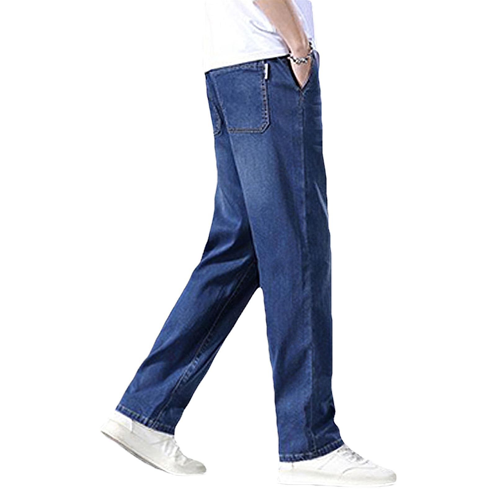 Hombre Verano Vaqueros Finos y Ligeros de Lyocell Pantalones Vaqueros de Cintura Elástica y Pierna Recta con Cordón Ajustable