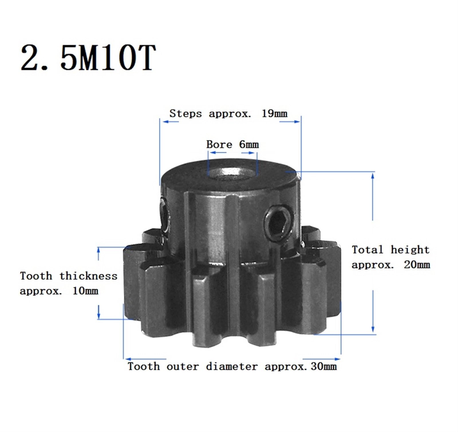 Bevel Gear Pinion Hardware Mechanical 1pcs Spur Gear 2.5M 10T Carbon Steel High Frequency Blackening Bore Size 6mm