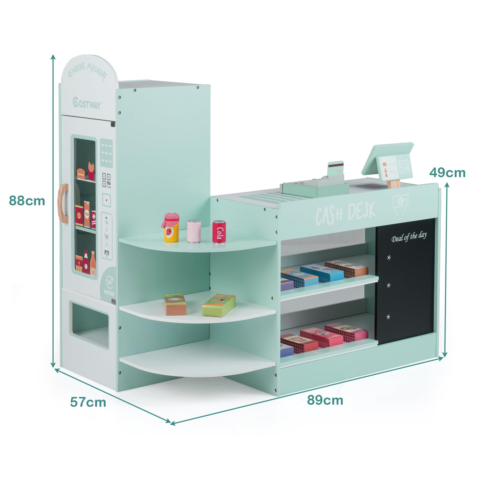 GOPLUS Kinder Kaufladen, Supermarkt aus Holz, Kaufmannsladen mit mit Kasse, POS-Automat & Verkaufsautomat, Einkaufsladen Rollenspiele mit 15 Zubehör & Tafel für Kinder von 3-8 Jahren (Minzgrün)