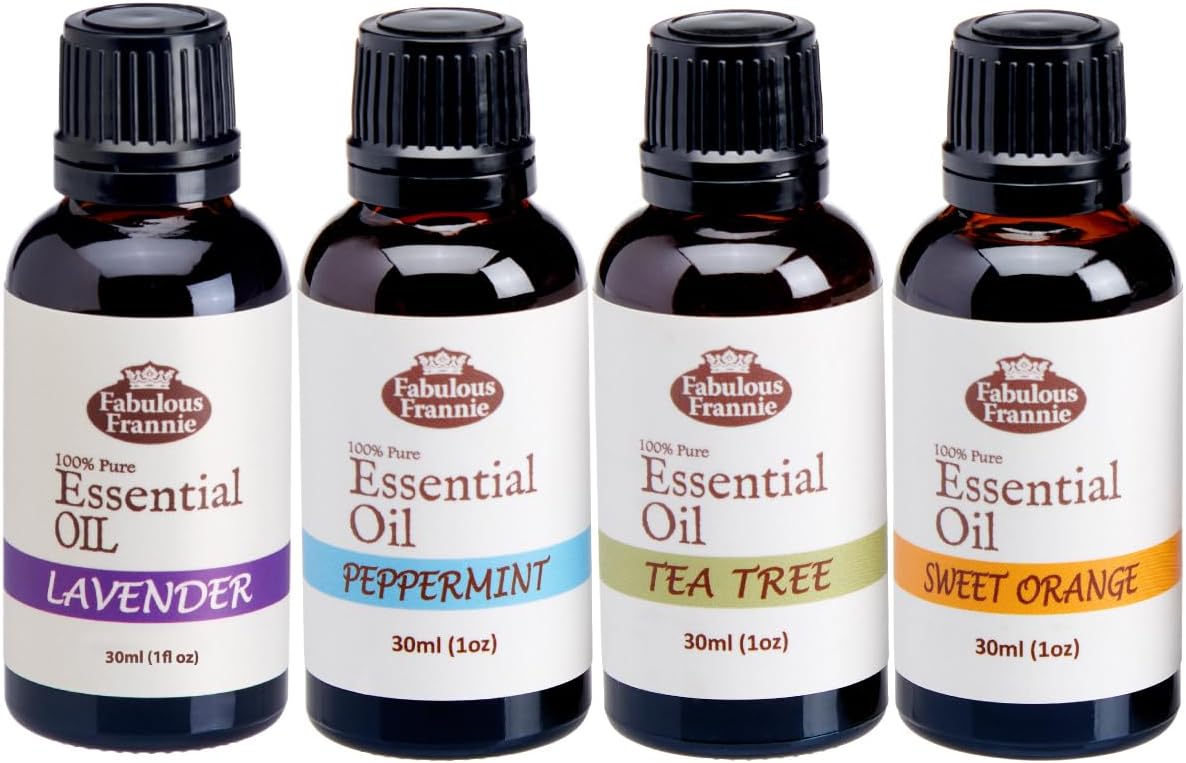 Fabulous Frannie Favorite 4 Pure Essential Oil Set Includes Peppermint, Lavender, Sweet Orange & Tea Tree 30ml (Pack of 4)