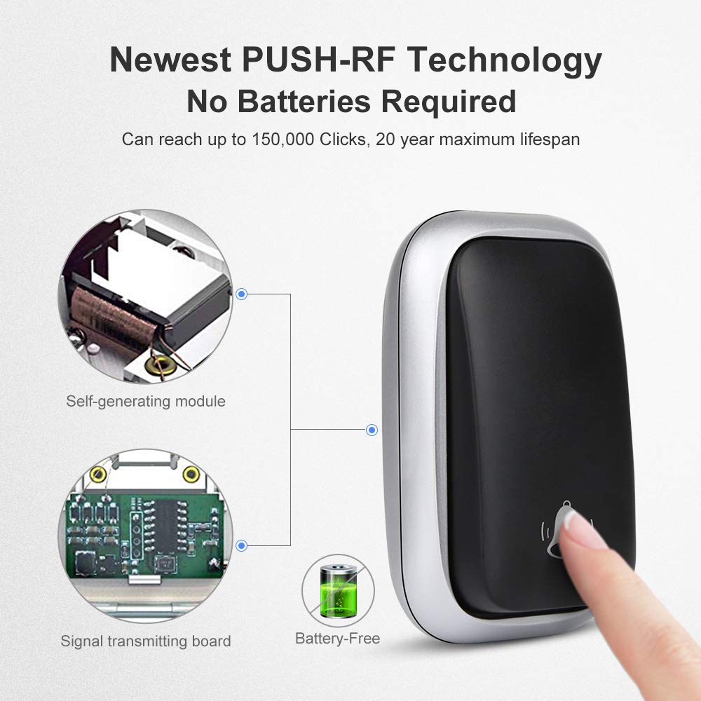 Campanello Radio Senza Batteria, PDGROW Campanello Senza Fili Impermeabile Campanello Wireless Autoalimentato Una Portata di 150m con 2 Ricevitori, 38 Melodie, 4 Livelli di Volume e Flash LED - Nero