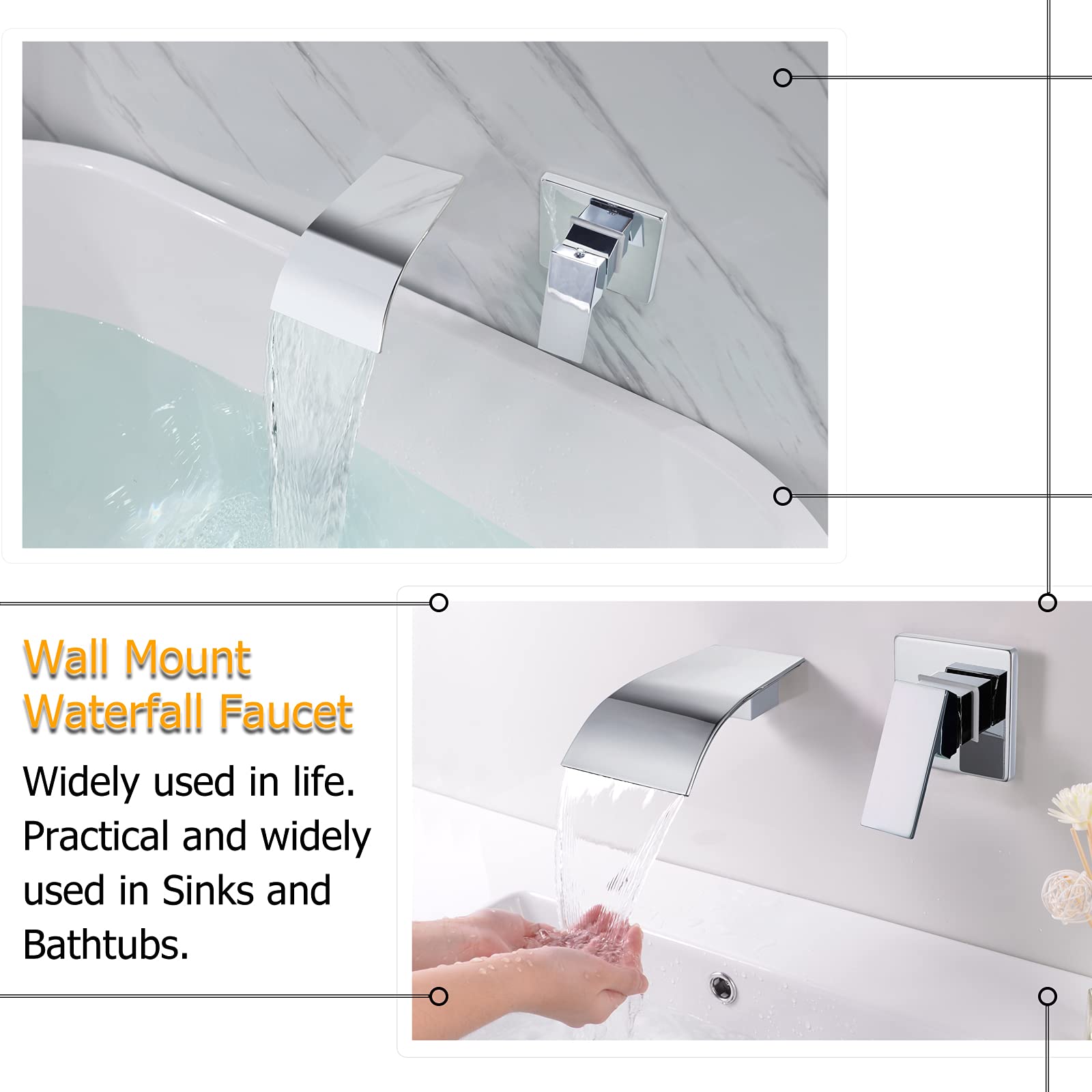 Montura de pared de grifo de cascada, grifo de baño de latón, grifo de llenado de bañera montado en la pared, cromo, KHBPC01U