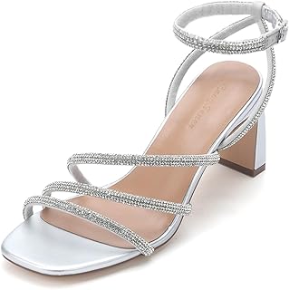 Womens Rhinestone Heeled Sandals Ankle Strap Square Toe Chunky Block Heel Shoes for Casual Wedding Dressy Evening Party - Buy now