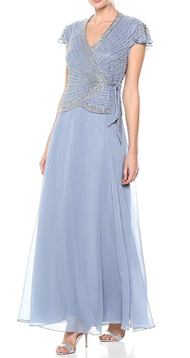 J Kara Women's Petite Short Flutter Sleeve V-Neck Long Beaded Dress