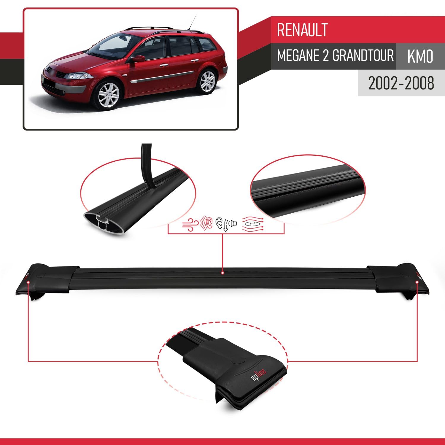 Pasuje do Renault Megane Grand Tour 2002-2008 FLY Model relingi dachowe bagażnik samochodowy, czarny, aluminium, 3 pręty