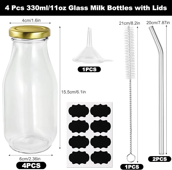 4Pcs Glass Milk Bottles with Straws, 330ml Juice Bottles with Lids