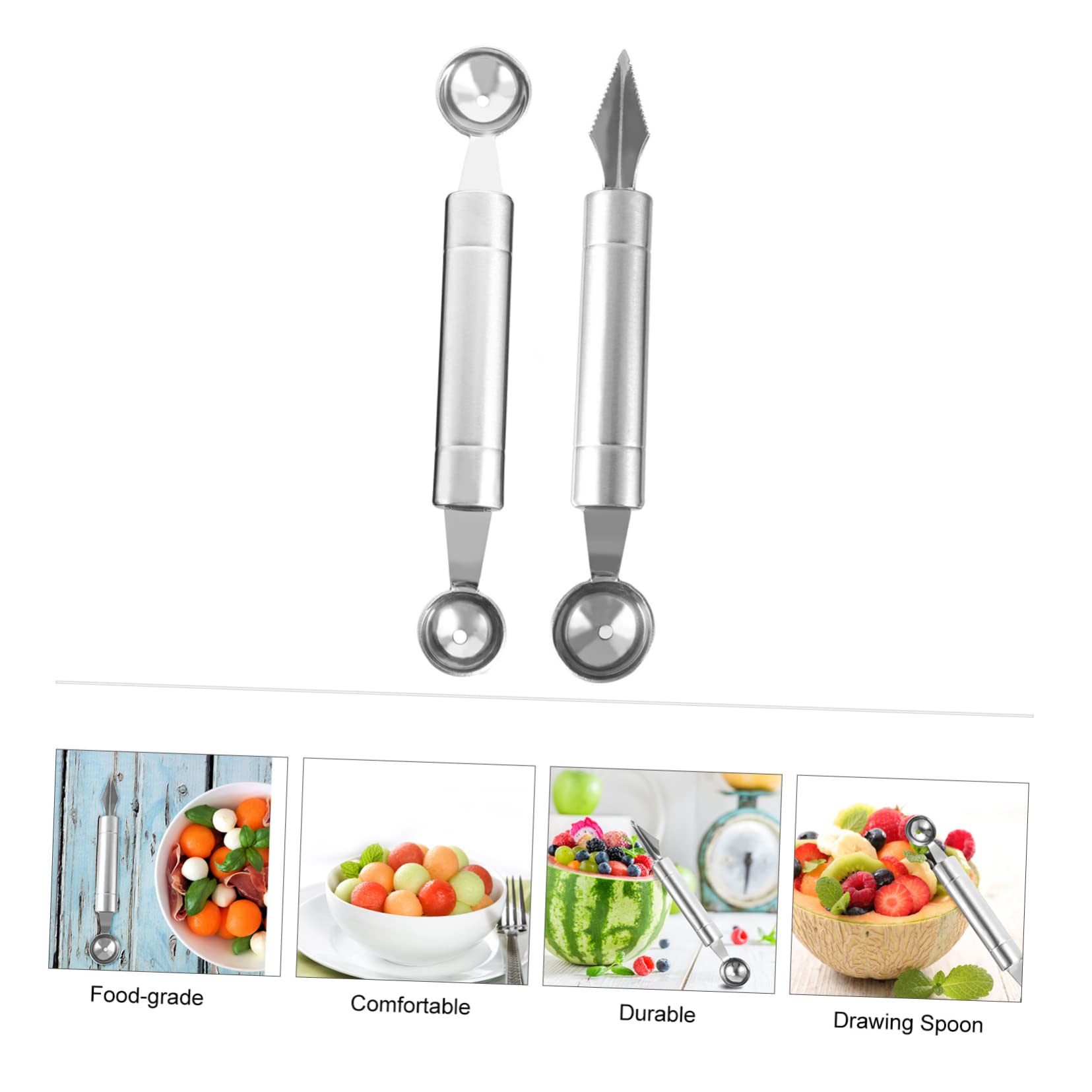 PRETYZOOM 2pcs Stainless Steel Dual-ended Fruit Scoop Tool Carving Fruit Cutter for Melon Pears for Decorations