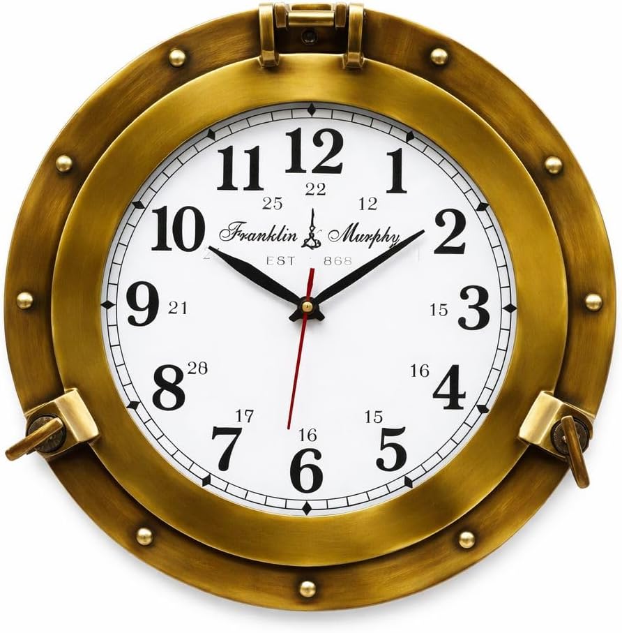 Franklin Murphy's Analog Beautiful Nautical Porthole Wall Clock, Antique Brass Finish, 12 Aluminum with Glass Face, Maritime Decor, Battery Operated Home Decor
