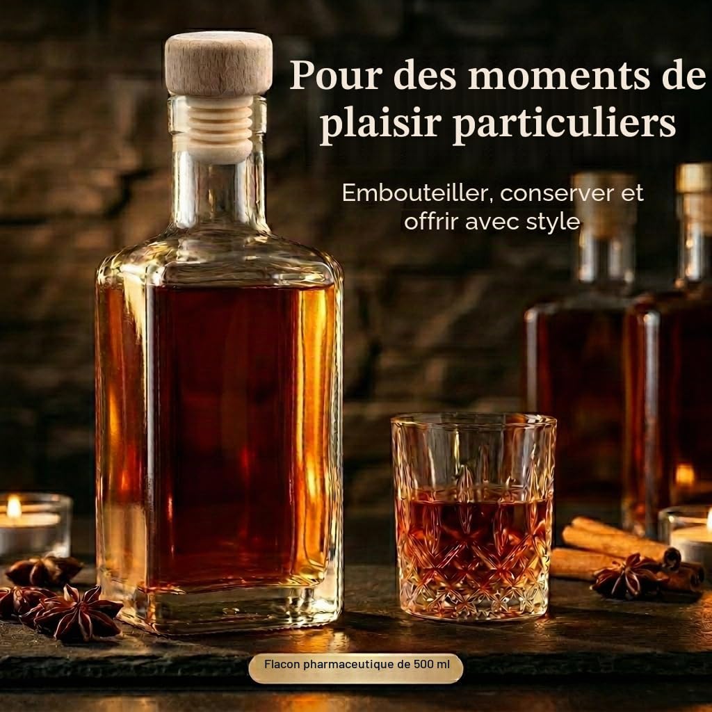 gouveo Lot de 12 bouteilles en verre 500 ml Carré Pharmacien avec bouchon en liège (HGK) - Bouteille 0,5 l à remplir et à offrir - Bouteille vide pour gin, liqueur, huile, vinaigre (AFET500HGK)