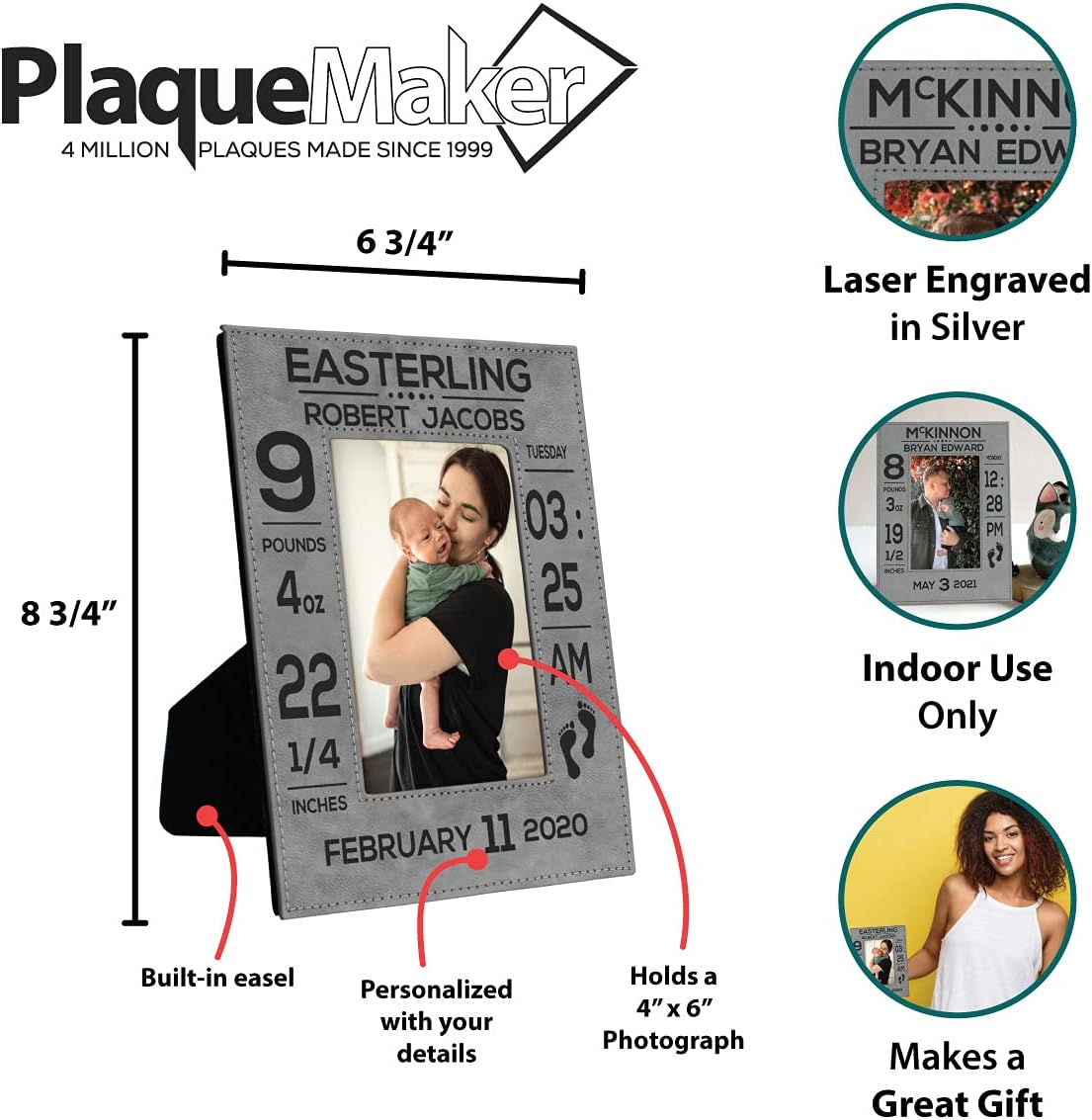 PlaqueMaker Personalized New Baby Information Picture Frame - Include the Name, Birthday, Weight, Length and Time of Birth (Gray)