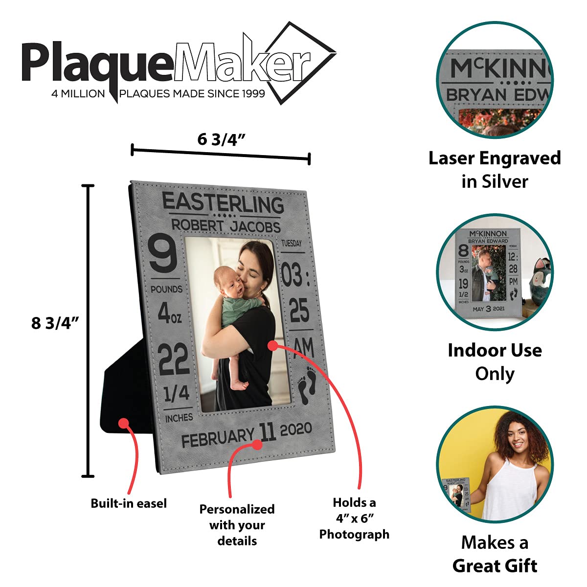 PlaqueMaker Personalized New Baby Information Picture Frame - Include the Name, Birthday, Weight, Length and Time of Birth (Gray)