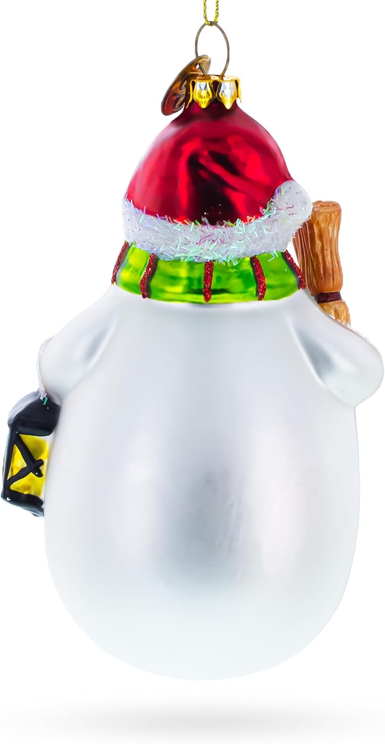Snowman Holding Broom and Lantern Glass Christmas Ornament - Image 3