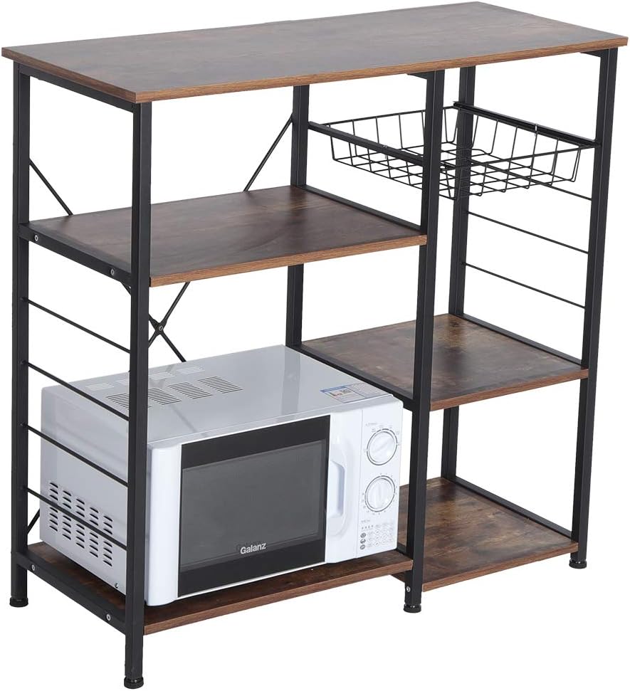 Ejoyous Kitchen Baker's Rack 3-Tier Utility Storage Shelf Industrial Microwave Stand Spice Rack Multipurpose Organizer Workstation Shelf with Wire Basket, 35.4x11.8x33.5 inch