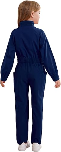 JEATHA Kids Girls Coveralls One Piece Solid Color Full Body Jumpsuit Long Sleeve Zipper Overalls with Pockets(Navy Blue,10 Years)
