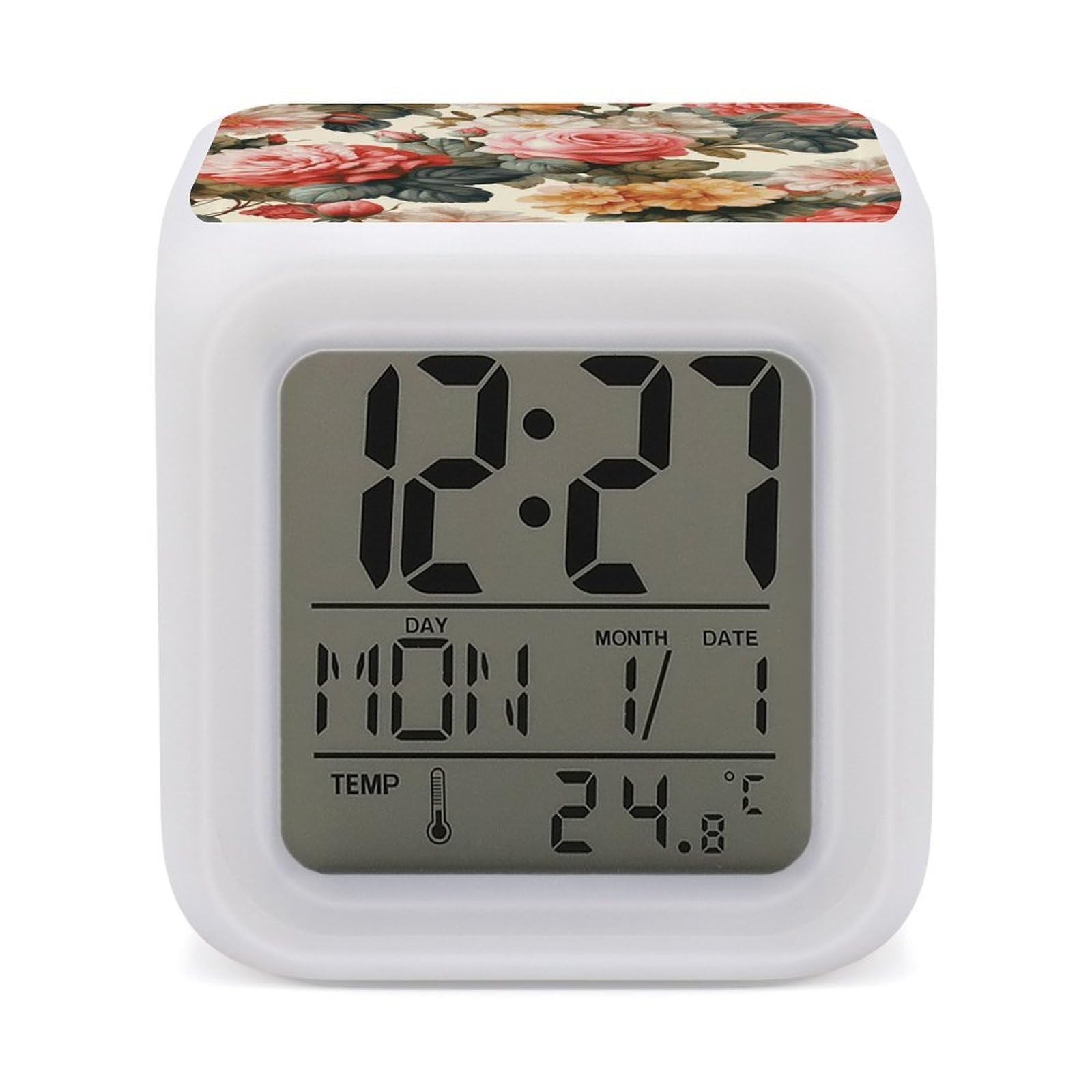Reloj despertador floral vintage que llena de calma tus mañanas con luz suave de colores