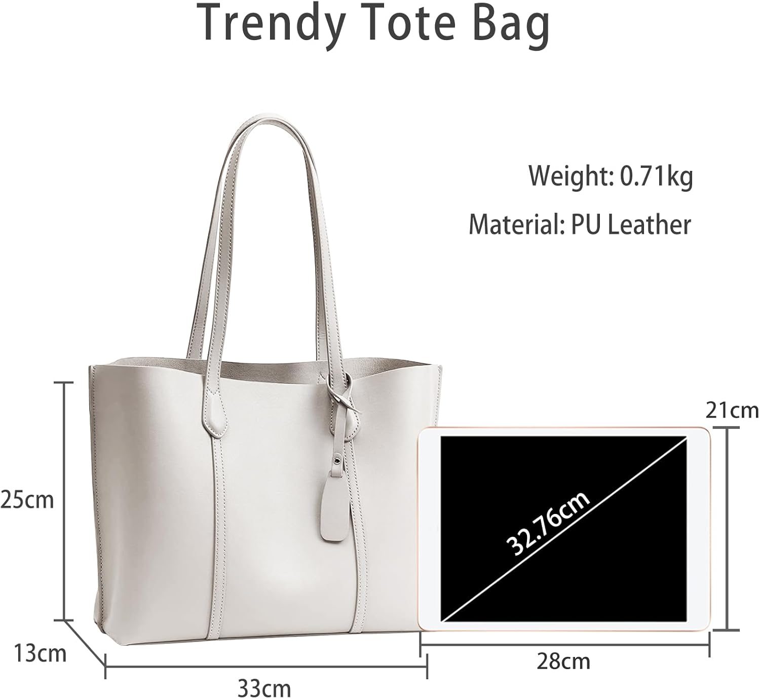 PORRASSO Women's Tote Handbag - Large Fashion PU Leather Top-Handle Bag for Work, Travel & Shopping - White - Image 4