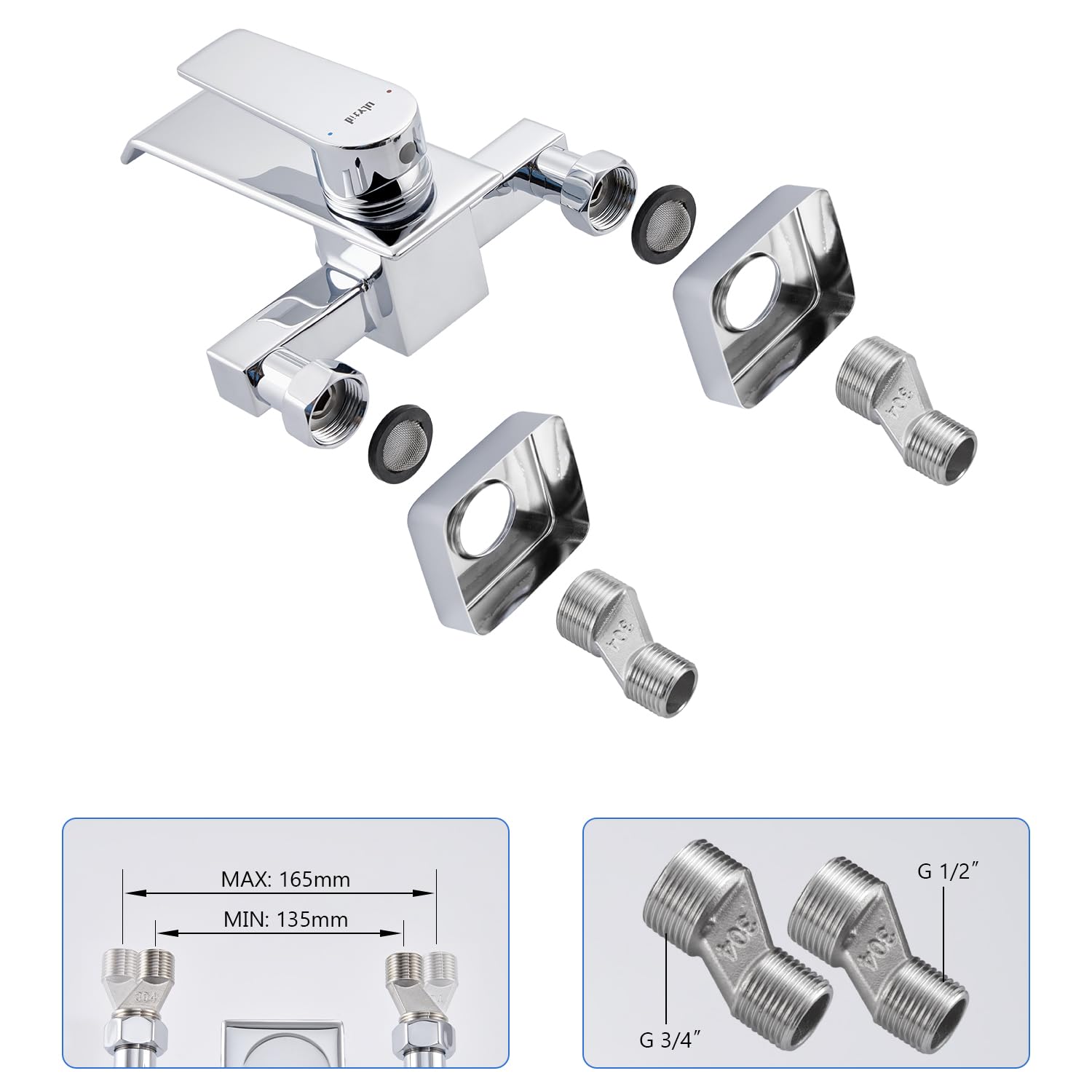 Rubinetto Vasca da Bagno, Miscelatore Vasca da Bagno a Cascata in Ottone, Rubinetto Doccia a Parete, Miscelatore Monocomando Esterno per 2 Utenze, Cromo Argento (G 1/2")