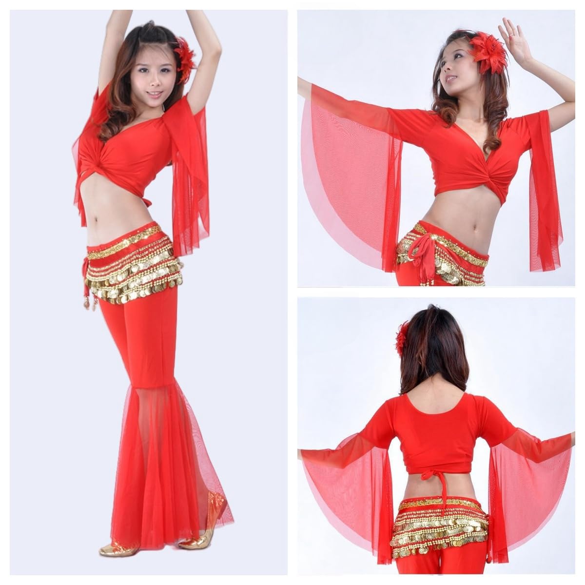 Blusa de baile con mangas acampanadas para mujer, cuello V mangas 3/4 de tul, blusa cruzada para danza del vientre tribal, camisa con cordones blusas borlas for festivales, discotecas ropa de baile