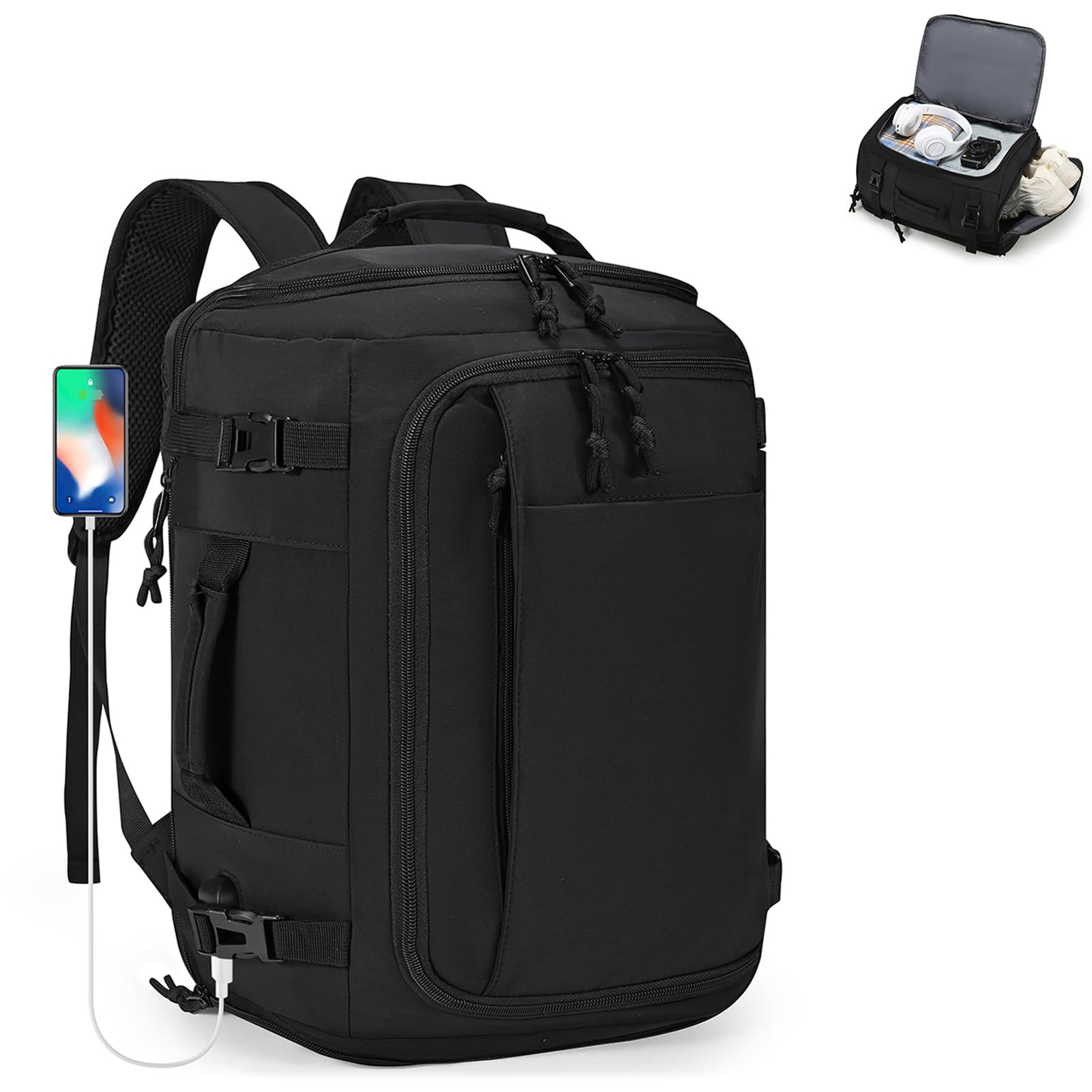 SPAHER Expandible Mochila Viaje Cabina Avión 40x30x15 British Airways 40x30x20 Ryanair Vueling Equipaje de Mano Mujer Hombres Mochila Portatil 15.6 Pulgadas con Puerto de Carga USB, Negro