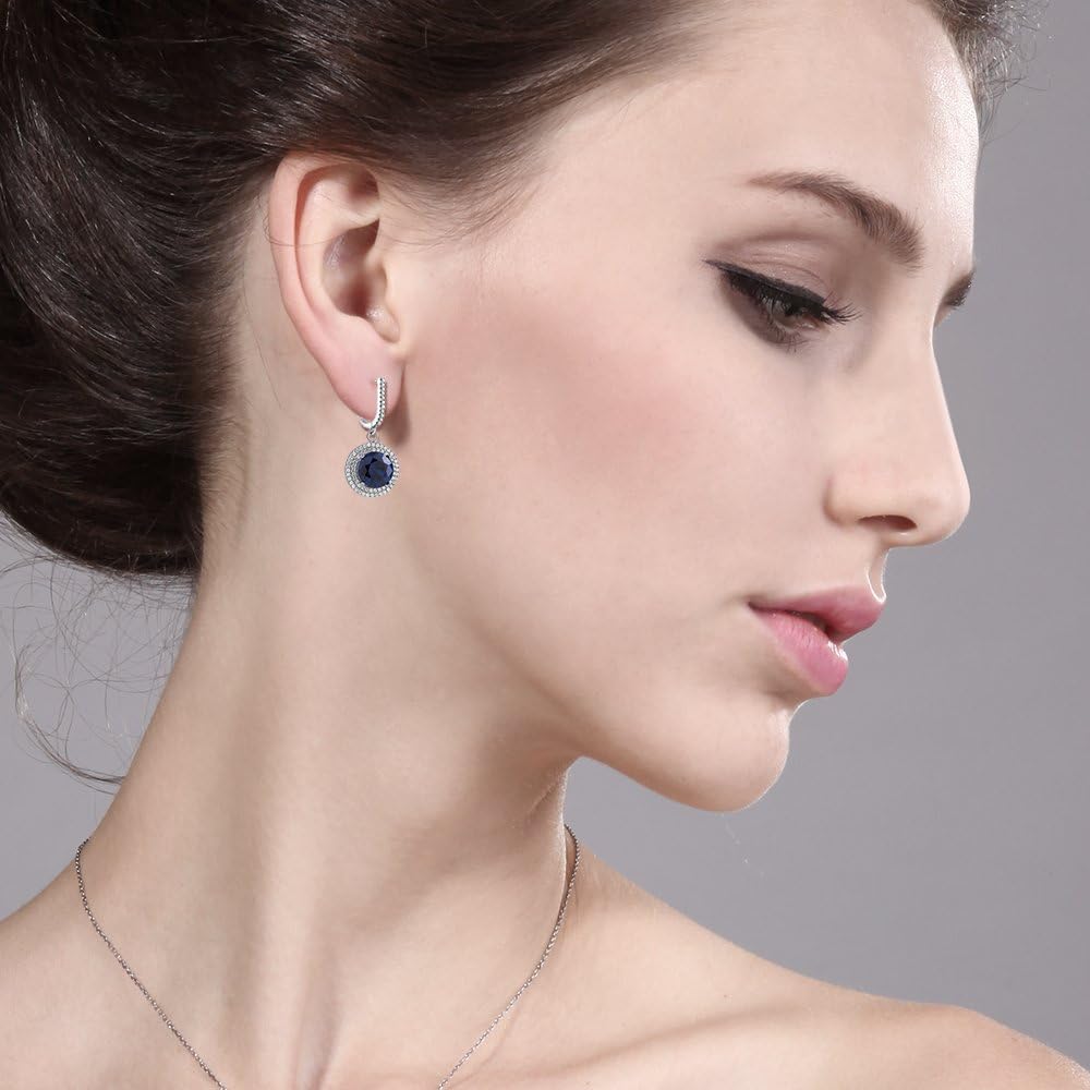 Gem Stone King Round Double Halo Leverback Dangle Earrings for Women | 925 Sterling Silver | 10MM Round Gemstone Birthstone | Fine Jewelry Gifts for Her Mom Wife