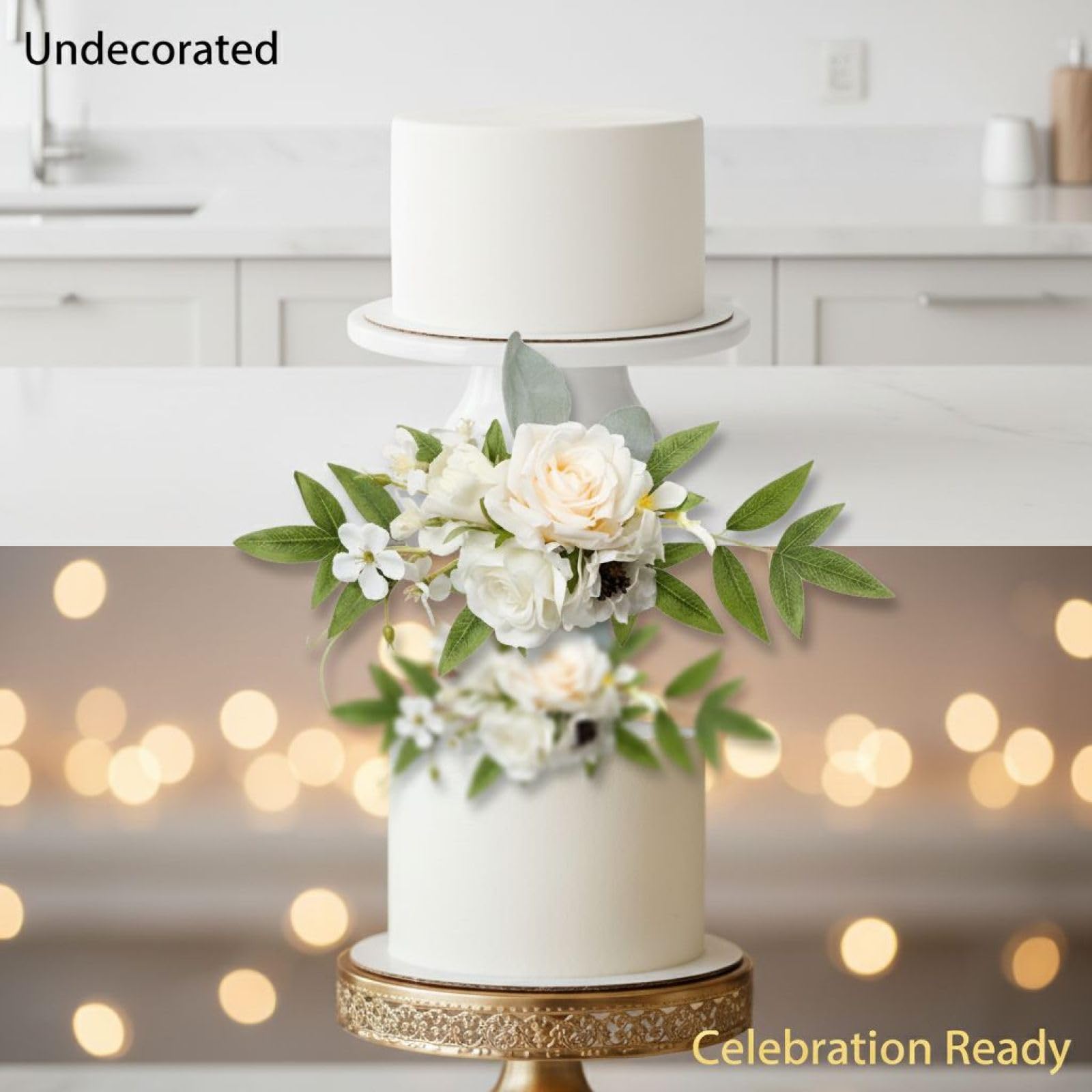 3 Stk. Kunstblumen Cake Topper, Seidenblumen Hochzeitskuchen-Deko, 31 x 13 cm Waldstil Blumenarrangement, weiße Creme grüne Mittelstücke für Hochzeitstorte, Party- und Tischdeko