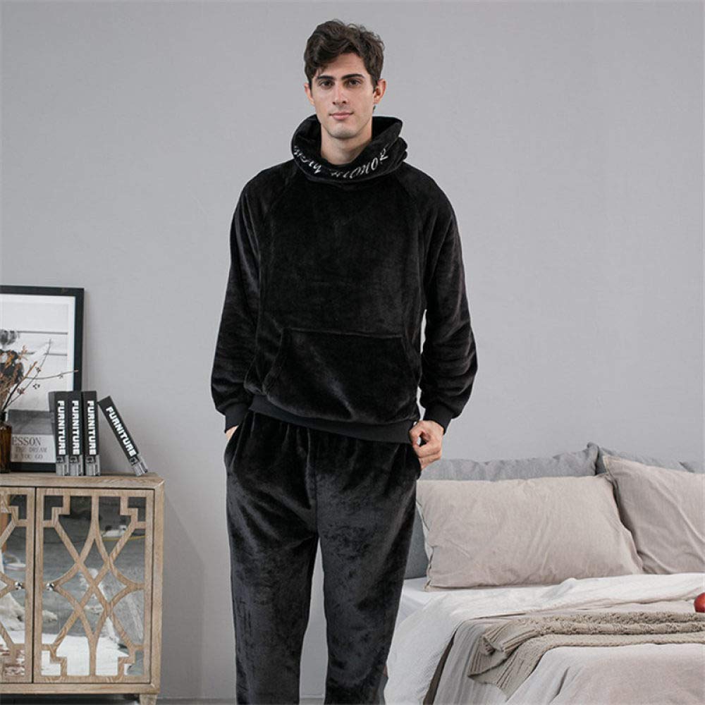 Flanellpyjama Für Herren,Mode Winter Warme Herren Lose Pyjamas Zweiteilige Flanell Haus Tragen Lässige Kapuze Einfache Schwarze Verdickung Plus Samt Elegante Party Bequemen Schlaf