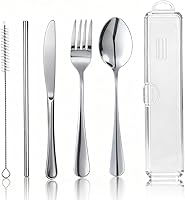 Zikyunw 6-Piece Reusable Stainless Steel Camping Utensils Set with Case - Spoon Fork Knife Straw Brush for Travel Office Lunch Box Eco-Friendly Silver