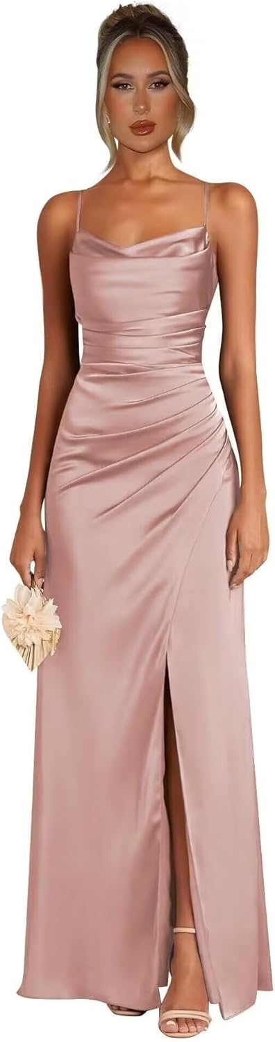 Satin Bridesmaid Dress for Wedding Spaghetti Strap Mermaid Formal Gown with Slit