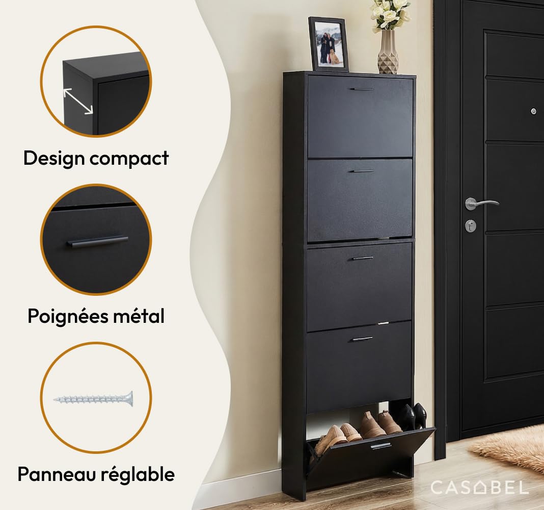 CASABEL Meuble à Chaussures 15 Paires, Portes et Cadre Noir | Rangement chaussures, 5 Abattants, Compartiments rabattables, Format étroit, Gain de place, Design moderne, Montage facile