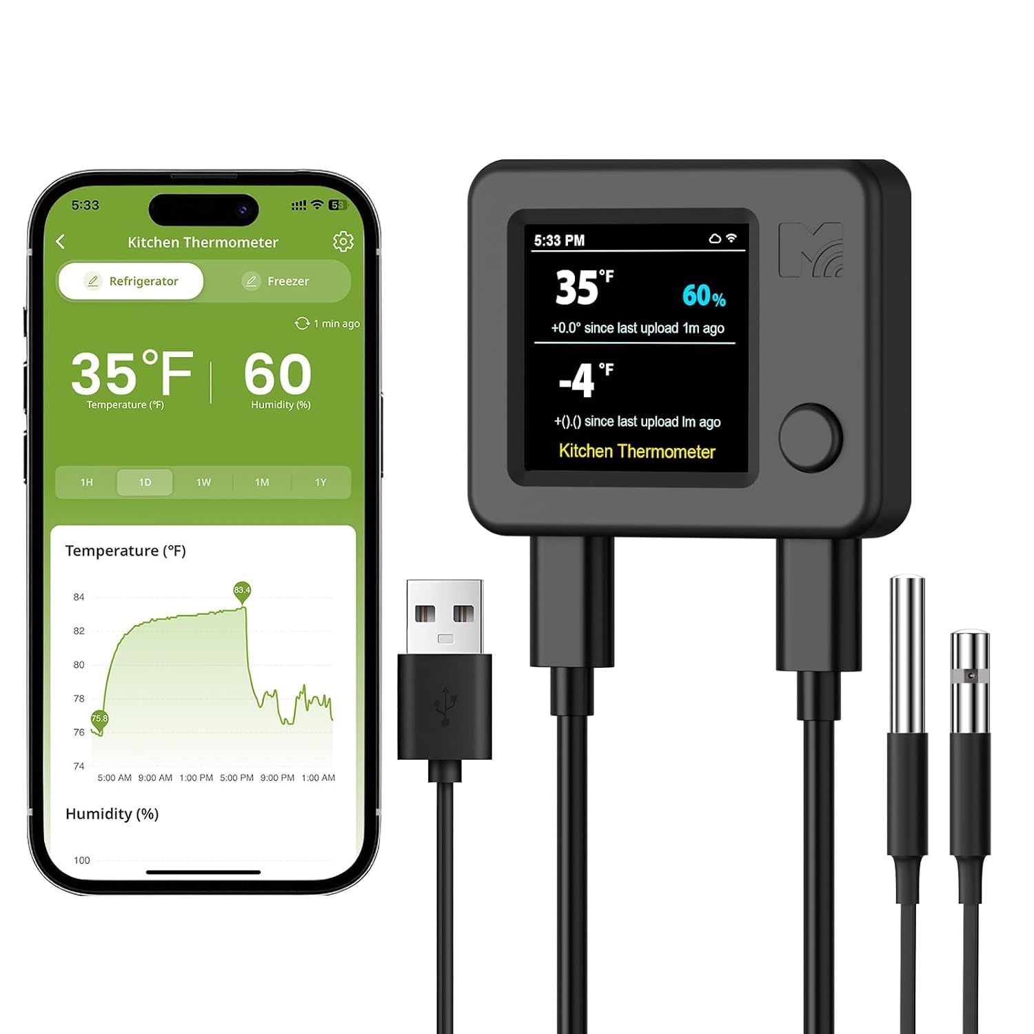 MOCREO WiFi Fridge Thermometer Hygrometer, Dual Probe, Remote Freeze Alerts