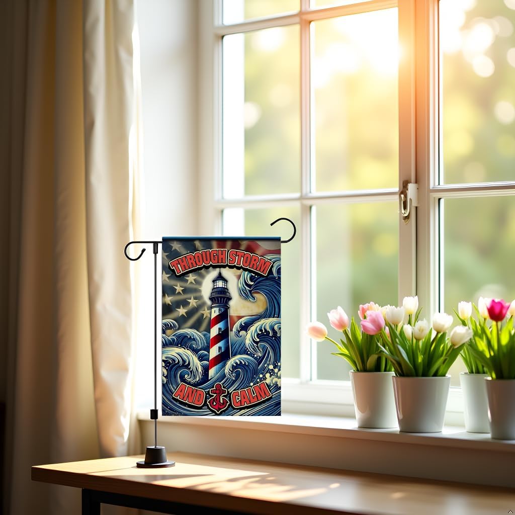 Lighthouse Garden Flag, Double Sided 12x18 Inch, Patriotic Nautical Outdoor Yard Banner with American Flag & Waves, Memorial Outdoor Decor for Veterans Day, Patriot Day, 911 - Image 6