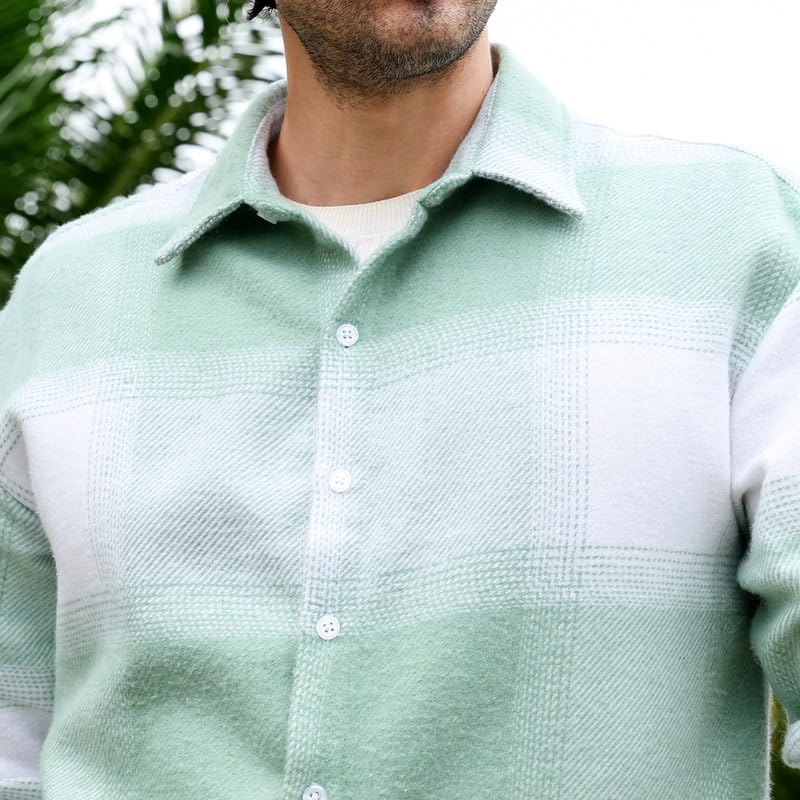 Image of CAHOOT Men Shirt | Spread Collar, Long Single-Button Cuff Sleeves | Button, Straight Hem | Plaid Twill | Woven Fabric for Casual Light Pistachio:Cream White