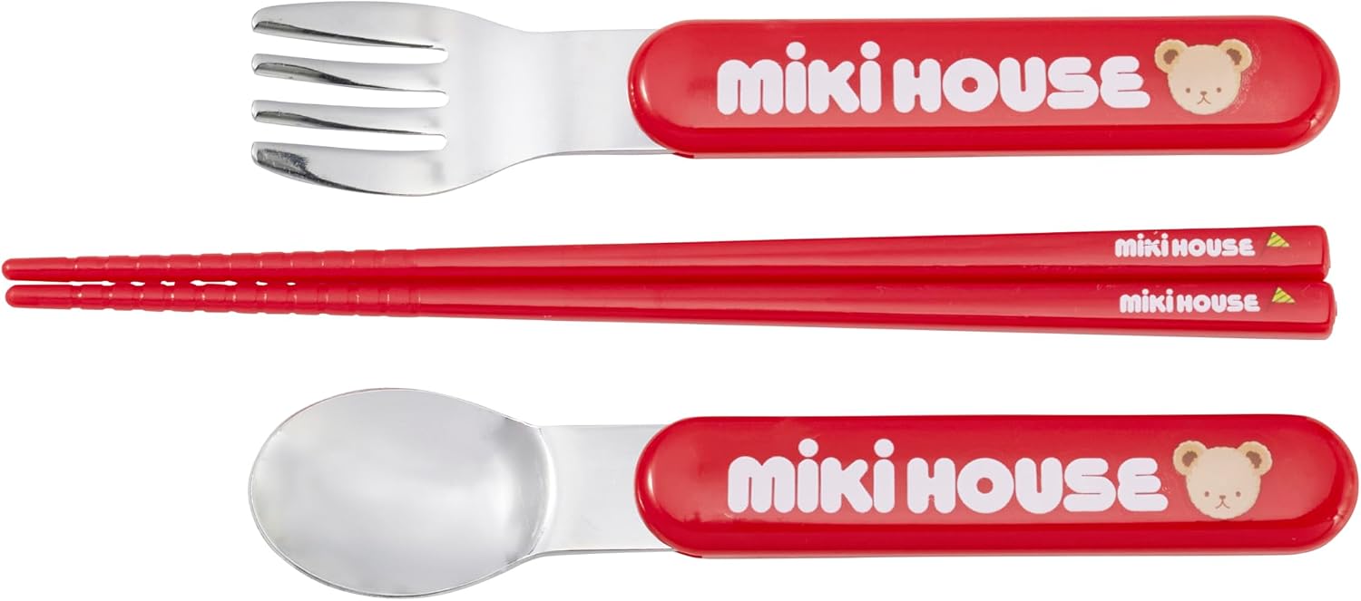 MIKIHOUSE(ミキハウス) Miki House 15-4145-688 Trio Set, Spoon, Fork, Bear, Made in Japan, For Boys, Girls, Babies, Kids, Kindergarten, Nursery, Dishwasher-Safe, Children's Clothes, Red