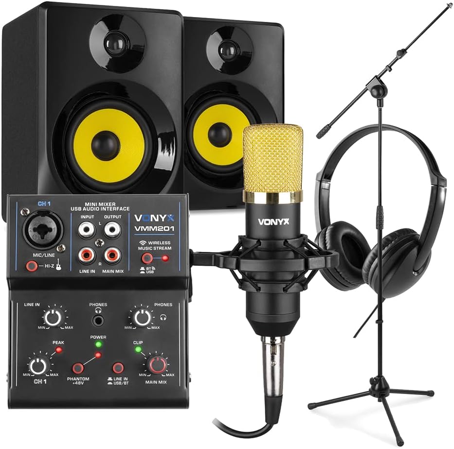 VONYXCM400B Complete Home Recording Studio Kit with Studio Recording Microphone, 4" Active Monitors, USB Mixer, Headphones and Boom Arm Stand - Home Studio Kits for Music Production