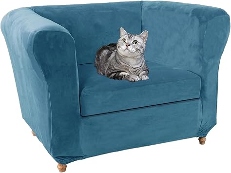 Chesterfield Sofa Cover Stretch Sofa Slipcovers Washable Velvet Couch Cover Cushion Furniture Protector for Curved Settee Fitted Blue,Chair+1 Large Seat