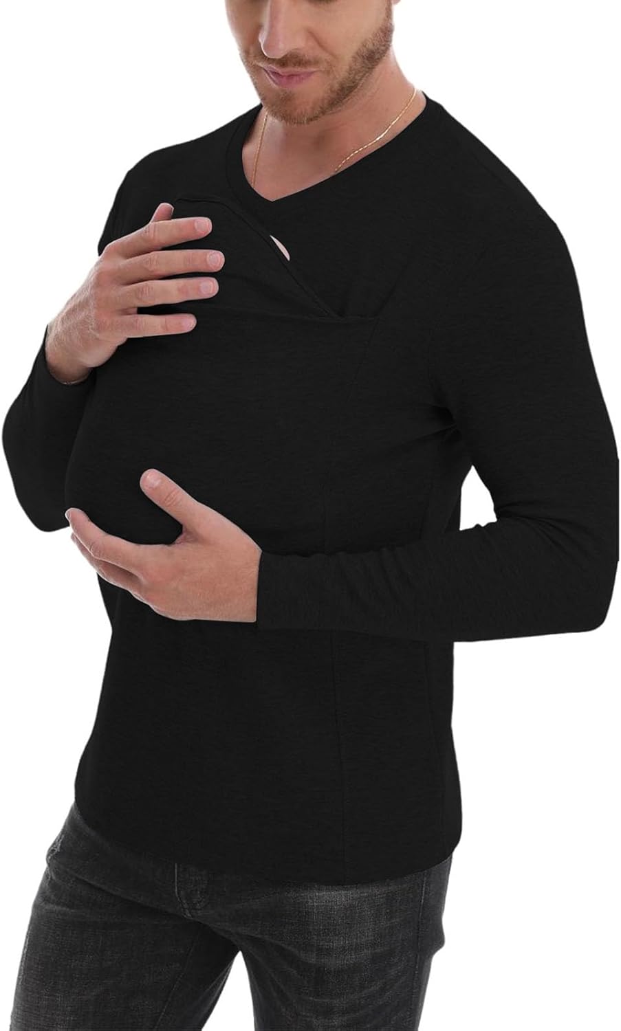 Kangaroo Shirt for Dad and Baby, V-Neck Long Sleeve T-Shirt, Grey, Male, Baby Boys, Modern, Loose Fit - Image 3