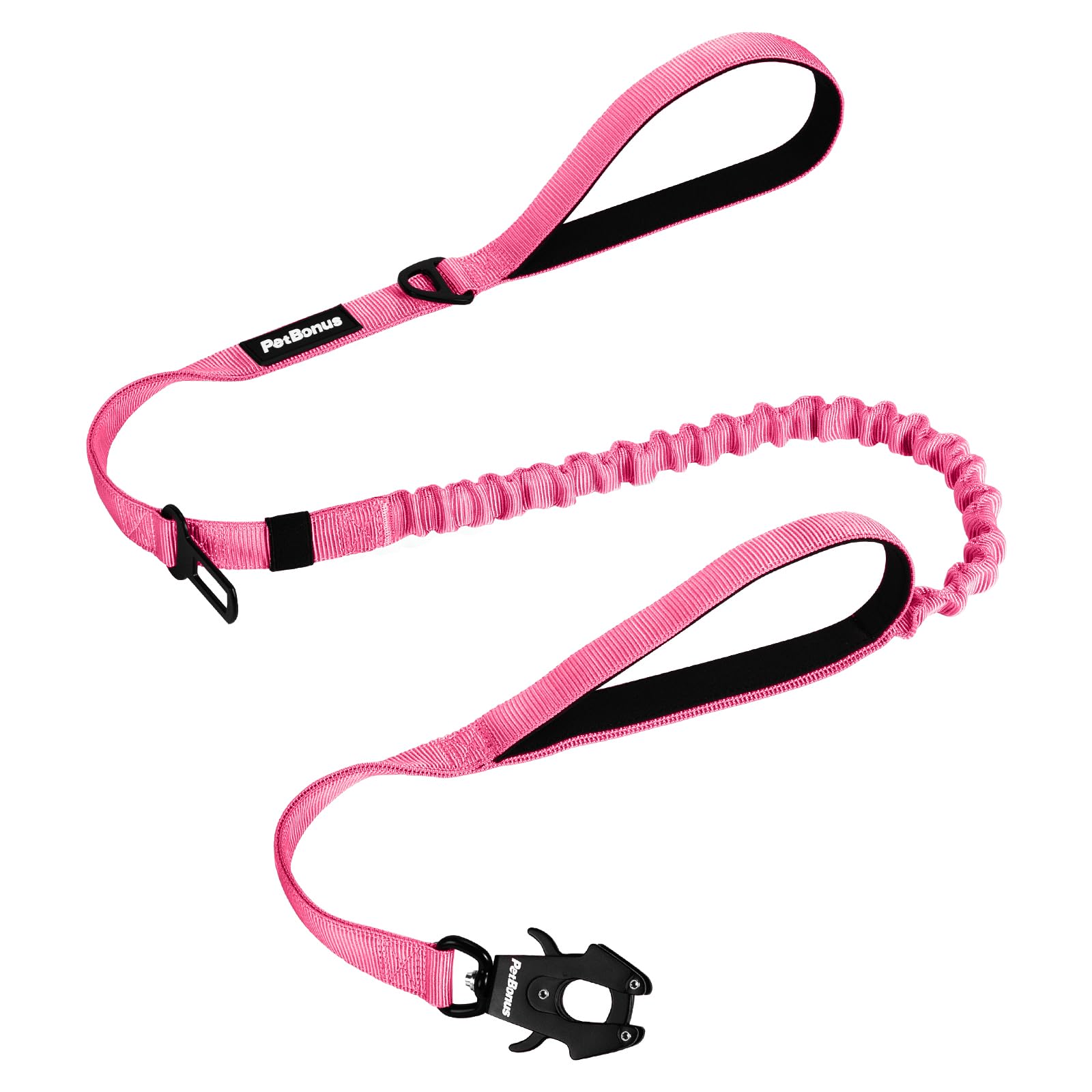 PetBonus Heavy Duty Tactical Dog Lead, 150 cm Bungee Shock Absorption Lead with 2 Padded Handles, Quick Release Metal Clip, Car Seatbelt, No Pull Training Leash for Large Medium Dogs（Pink）