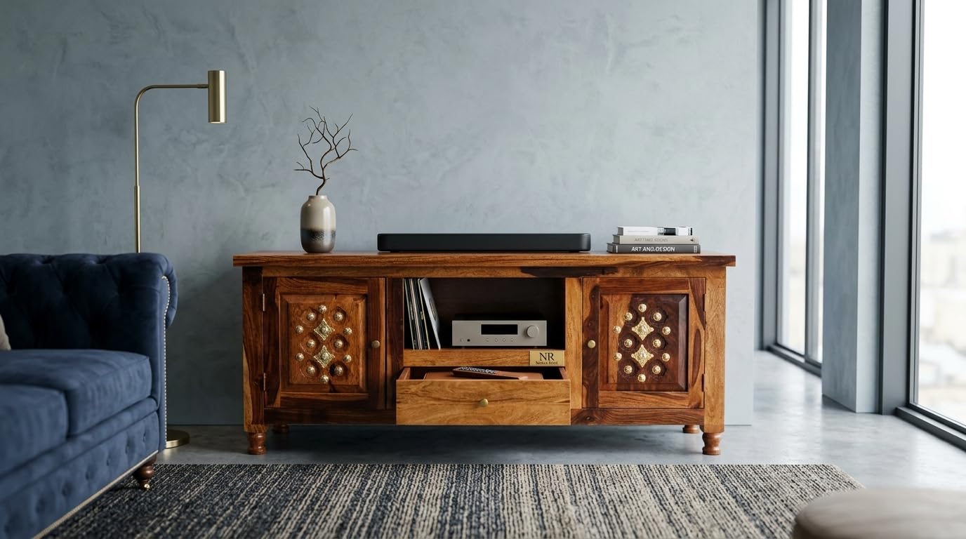 NR Nobel Root Solid Sheesham Wood TV Unit | Wooden TV Cabinet with 2 Cabinets, 1 Drawer & Open Shelf | Entertainment Center TV Stand for Living Room | 57 x 17.5 x 24 Inch | 1 Year Warranty (Brass)-picture-12
