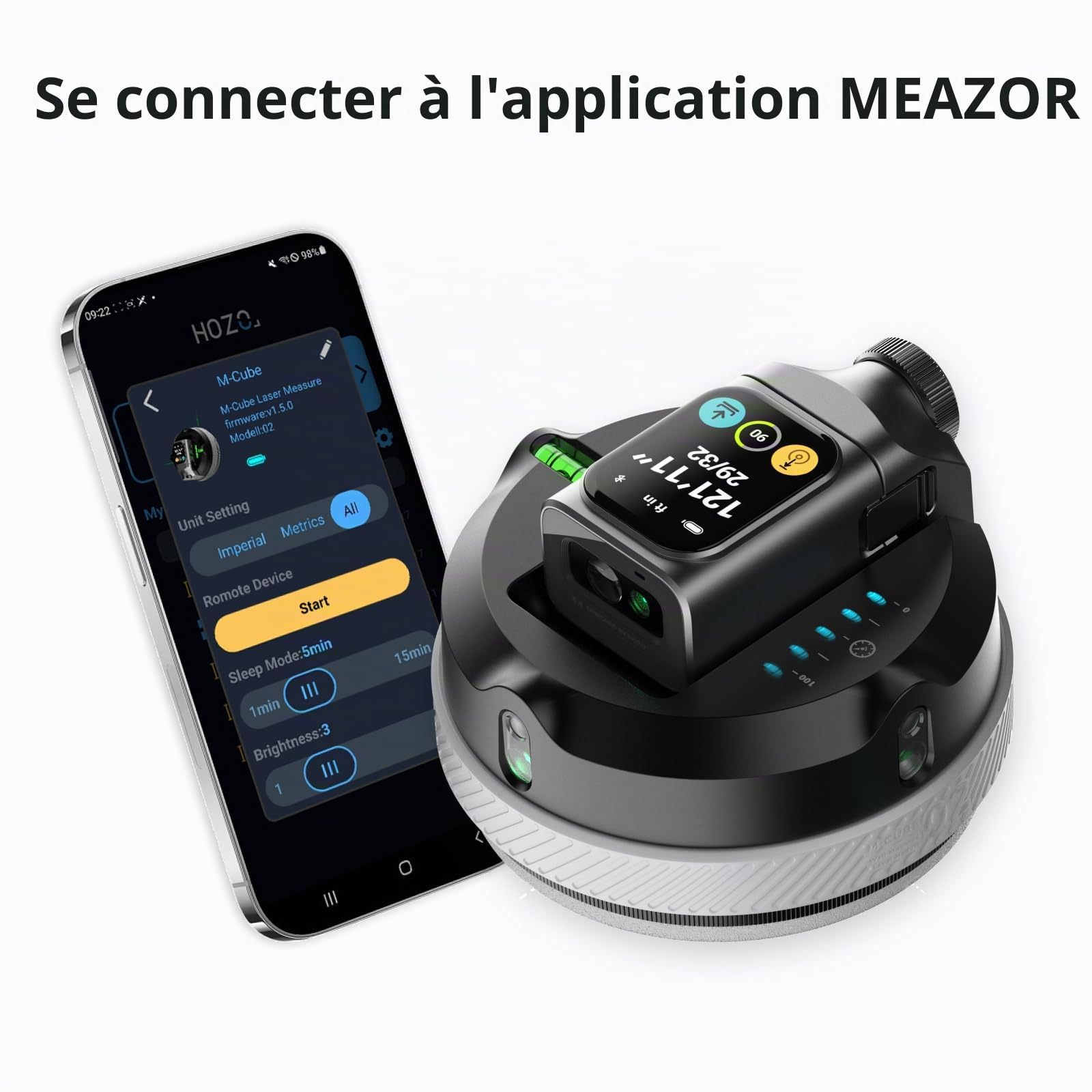 Hozo M-Cube02 Niveau laser avec mesure verte de 50 m, rotation à 360° pour mesure P2P et détecteur de centre, support mural pour accrochage d'images, rénovation, bricolage, application Bluetooth