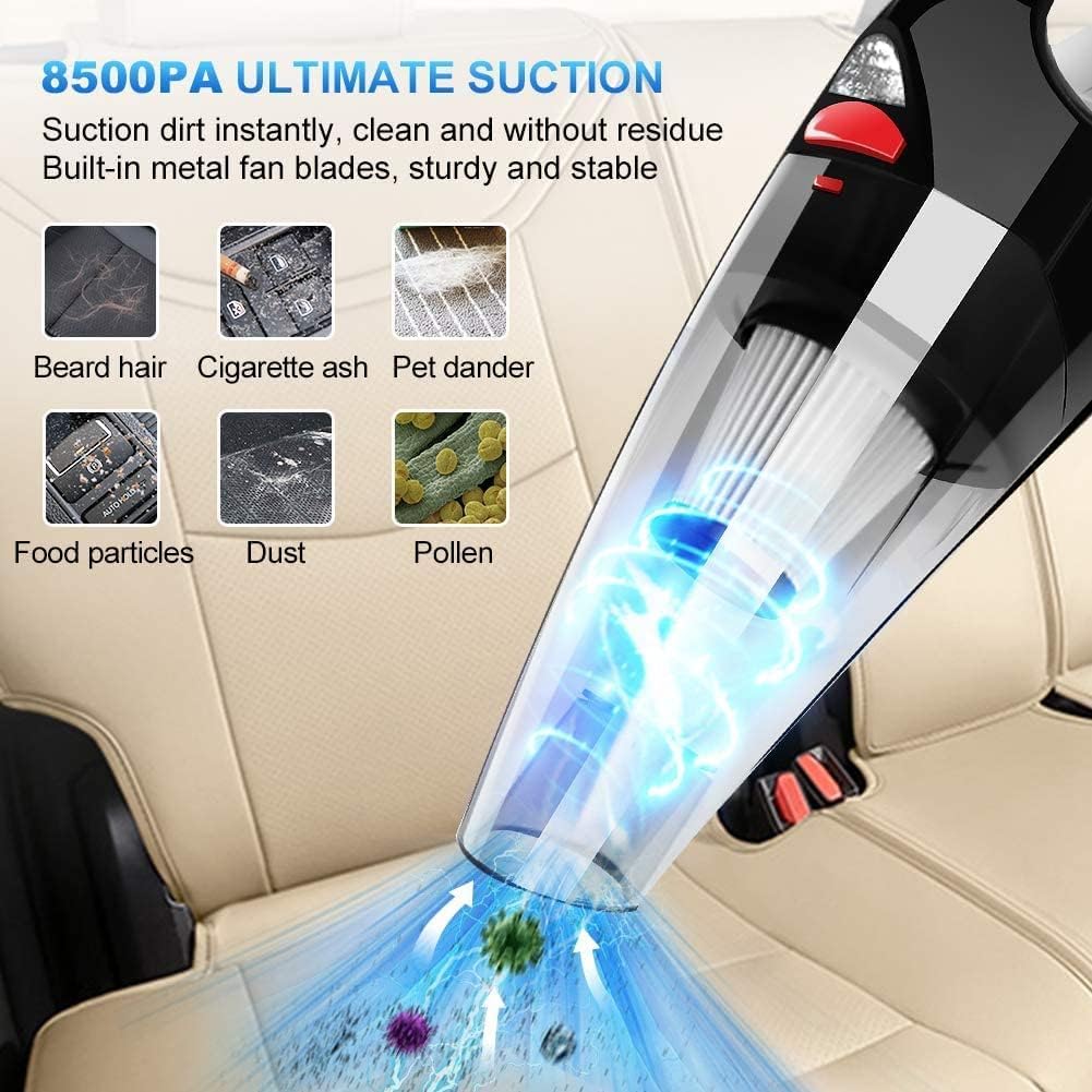 RIKIN Aspirador de Mano Partes de Aspirador de Coche 8500PA 120W portátil Potente inalámbrico Coche Aspirador con luz LED con Filtro HEPA de Acero Inoxidable