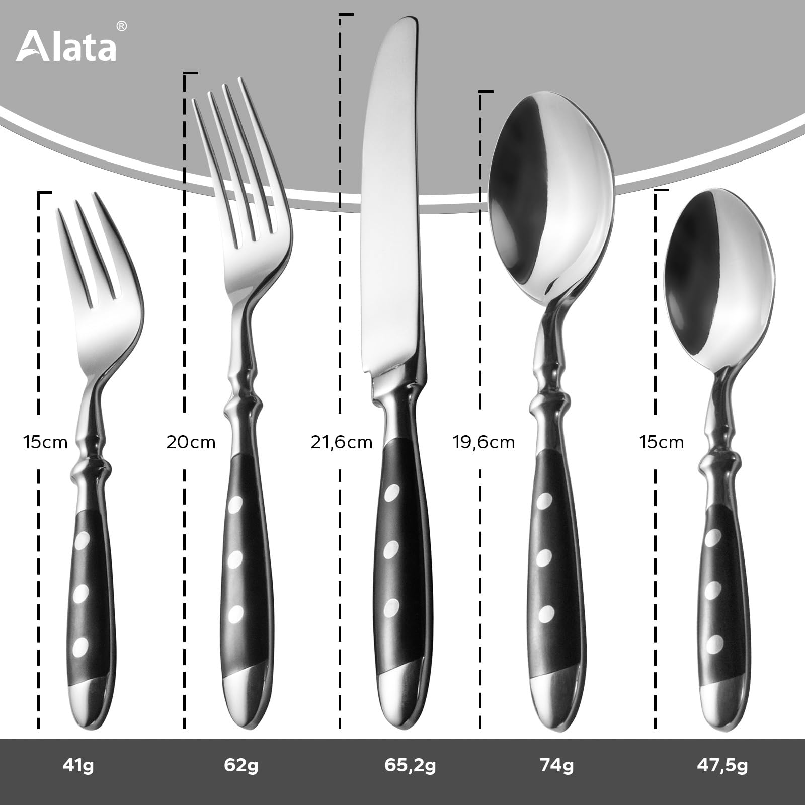 Alata Juego de cubiertos para 6 personas – Juego de cubertería rústica de acero inoxidable con asas negras – forjado y pesado – Serie Berlin