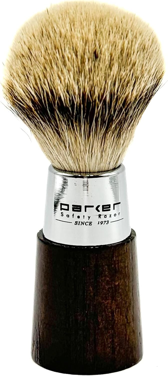 Parker Safety Razor Handmade Shaving Brush with 3-Band Silvertip Badger Bristles & Stand | Premium Walnut Wood & Chrome Handle | Luxury Wet Shave Tool for Men