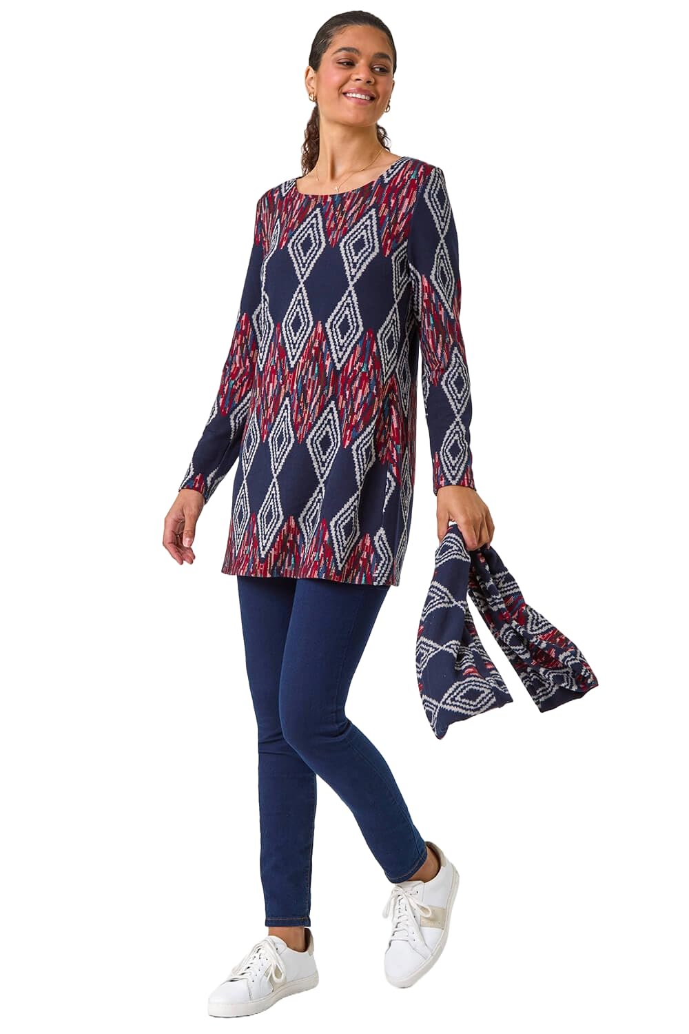 Roman Originals Printed Longline Tunic for Women UK - Ladies Everyday Autumn Winter Round Neckline Comfy Soft Evening Vacation Work Party Night Out - Midnight Blue - Size 10
